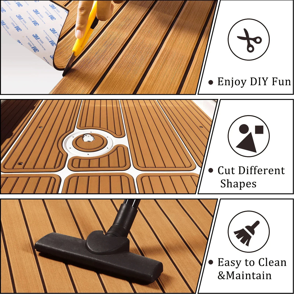 tapis sol bateau mousse EVA rayures horizontales adhésif 3M résistant eau moderne marron clair