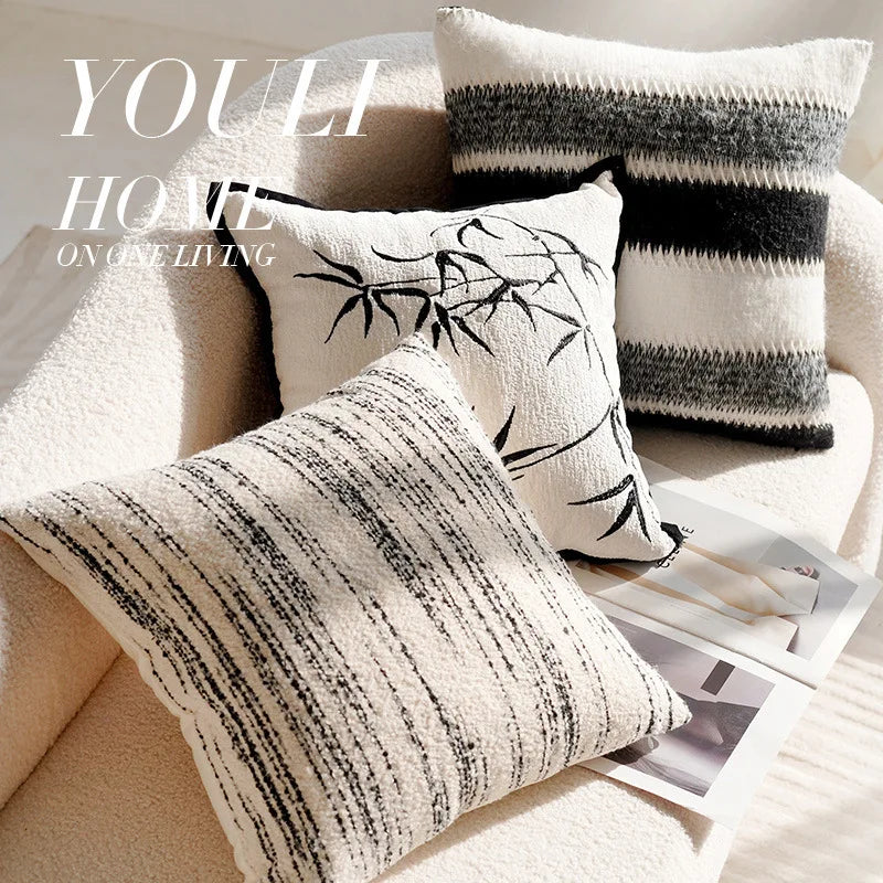 coussins oreillers moderne rayés blanc noir décor maison sergé fixations