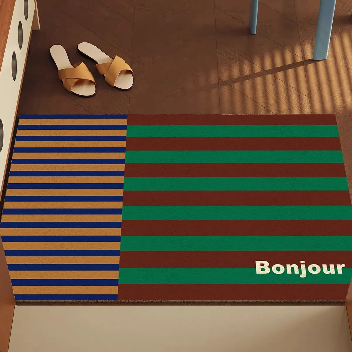 tapis d'entrée moderne rayures horizontales bleu vert marron beige antidérapant résistant décoloration 30x50cm 40x60cm