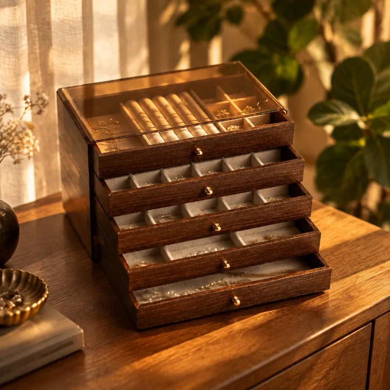 boîte bijoux bois marron classique tiroirs poignées dorées compartiments organisation élégante rangement transparent couvercle