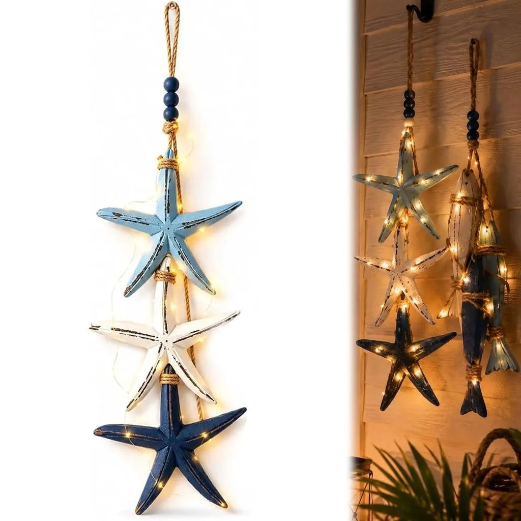 décorations murales marin poissons étoiles mer bois bleu blanc suspendus guirlandes led vintage rustique
