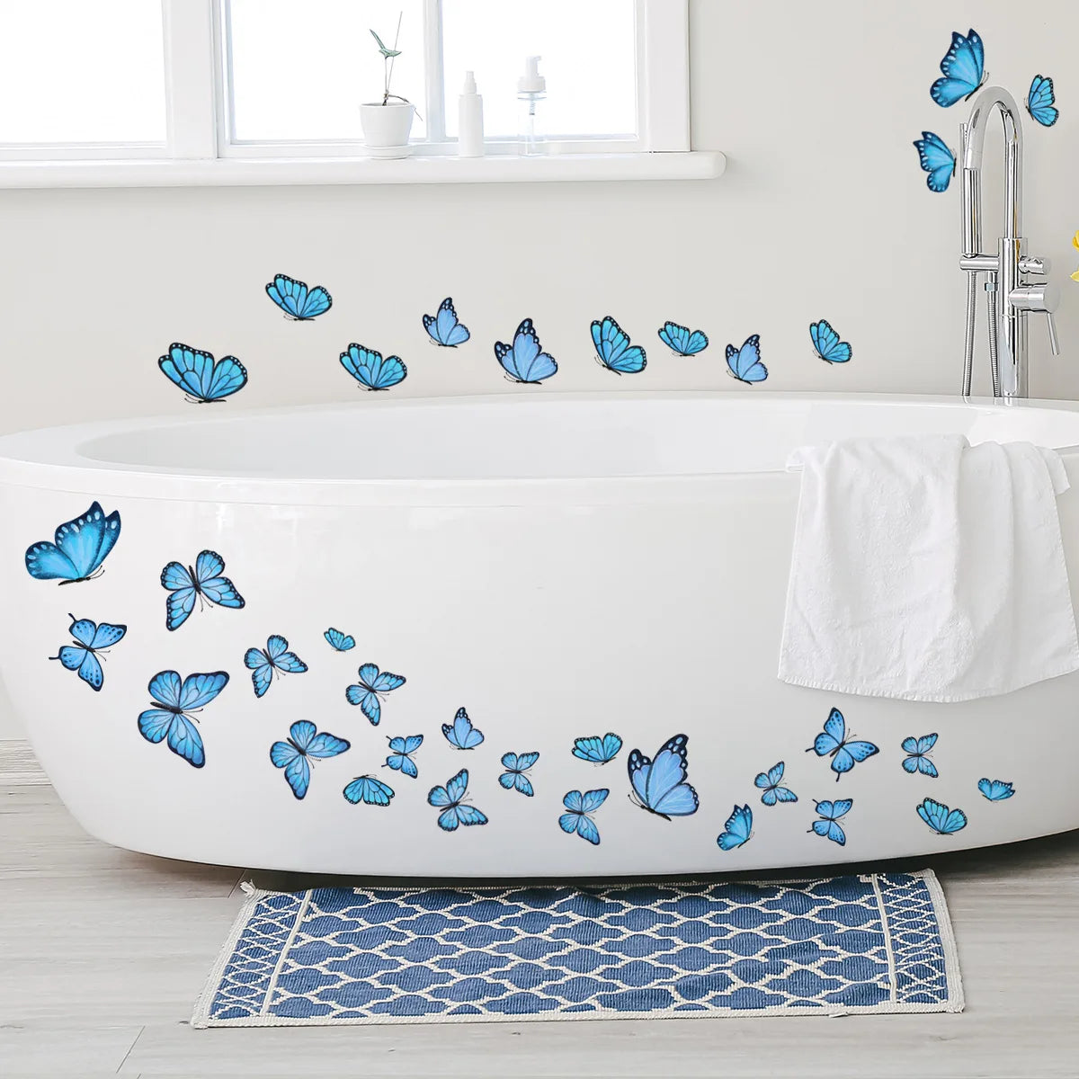 sticker mural decoratif papillon violet bleu effet aquarelle salle bain boheme adhesif nature