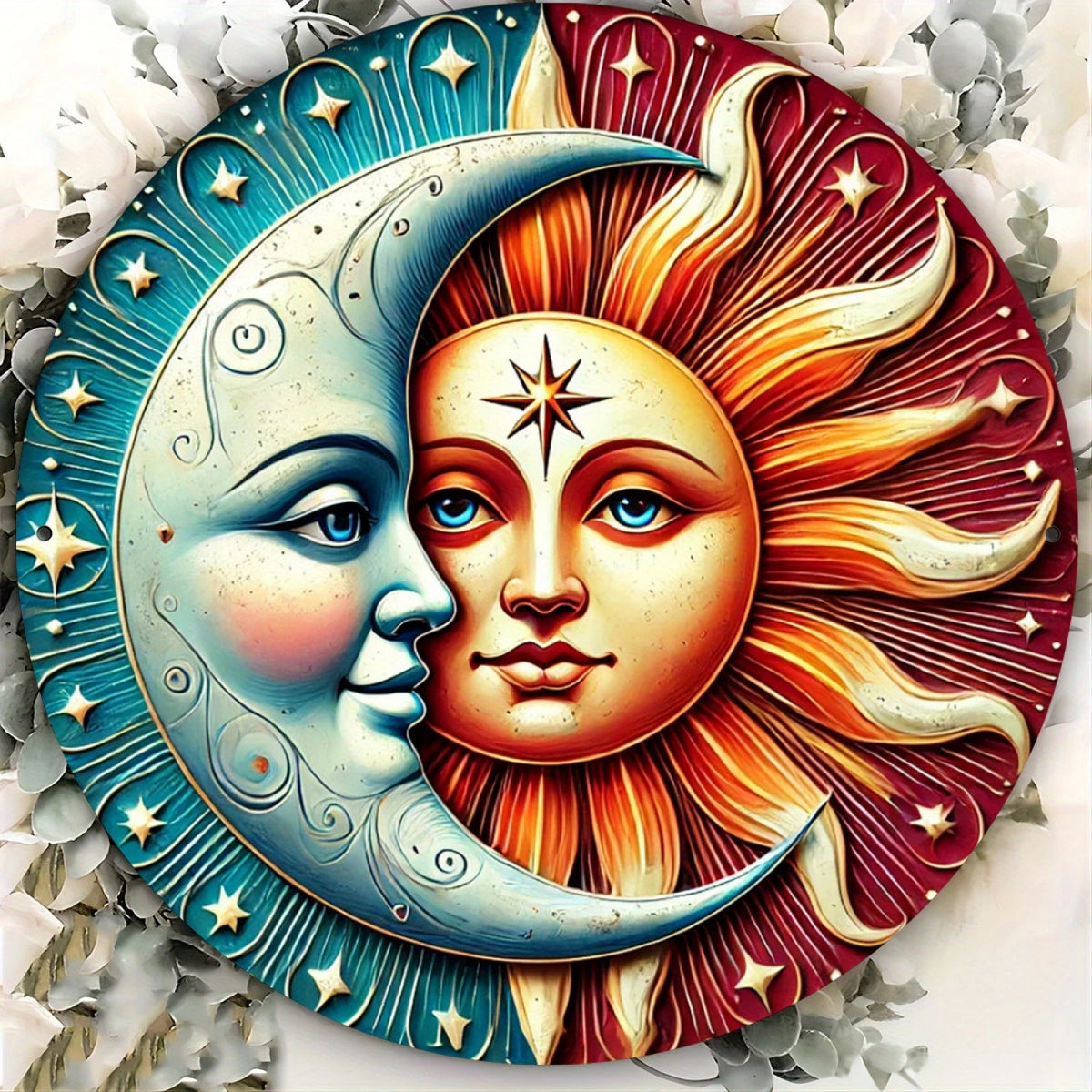 décoration murale bois soleil lune fleurs oiseaux étoiles or argent bleu rouge Jaune Blanc