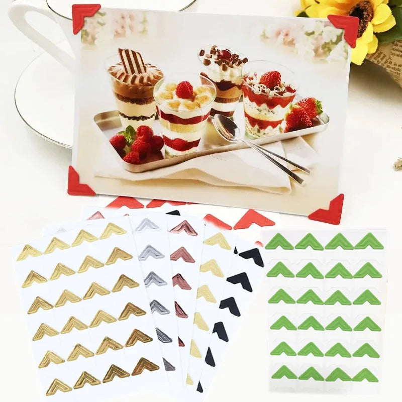 clips d'angle adhésifs modernes triangles or argent rose noir jaune scrapbooking photo albums décoration