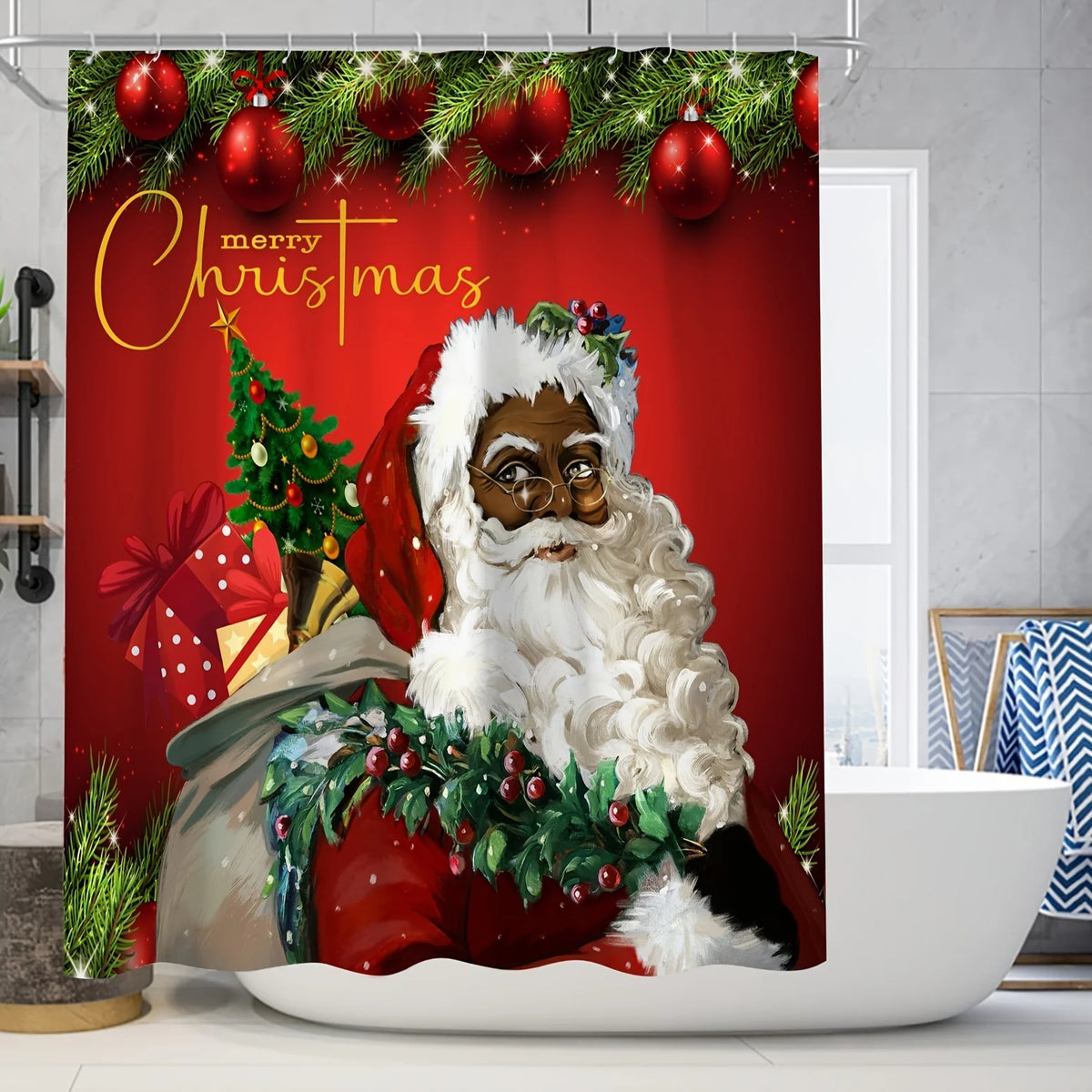 rideau douche santa claus tapis noel mignon decoration merry christmas vert rouge blanc