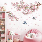 sticker mural arbre fleur cerisier rose oiseaux feuilles naturel chambre salon kitchen