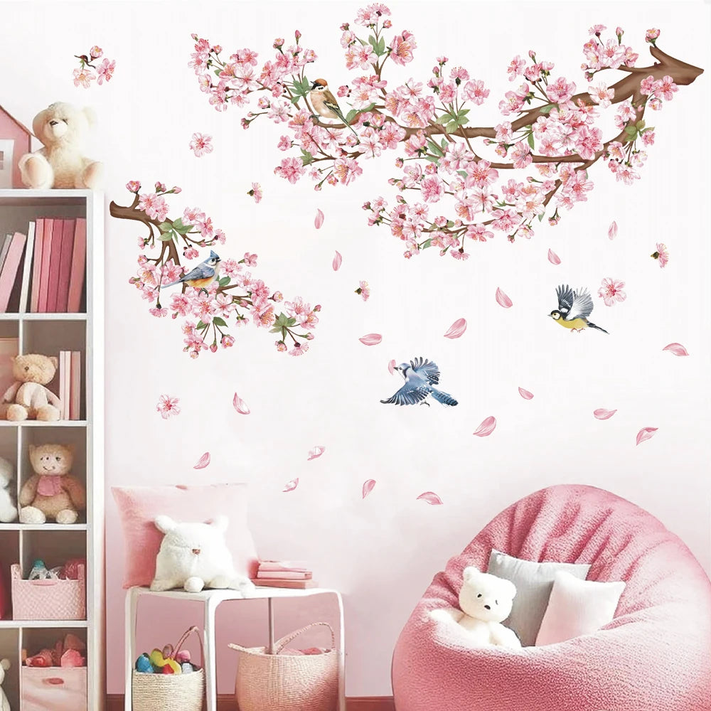 sticker mural arbre fleur cerisier rose oiseaux feuilles naturel chambre salon kitchen