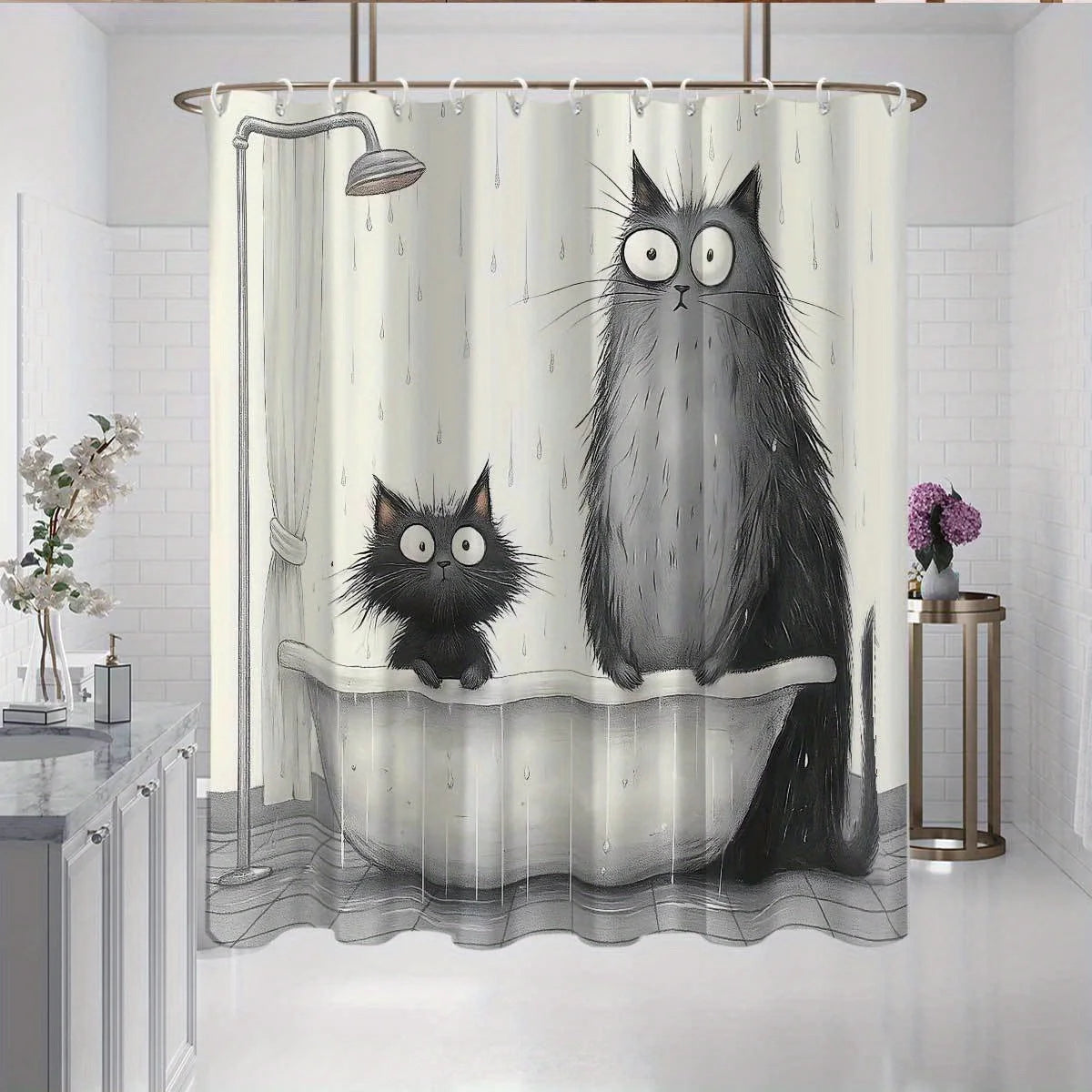 rideau douche chats baignoire illustration humoristique anneaux métalliques opacité blanc gris noir