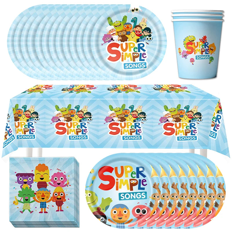 assiettes dessin animé anniversaire enfant napkins tablecloth bleu clair festif gobelets super simple songs