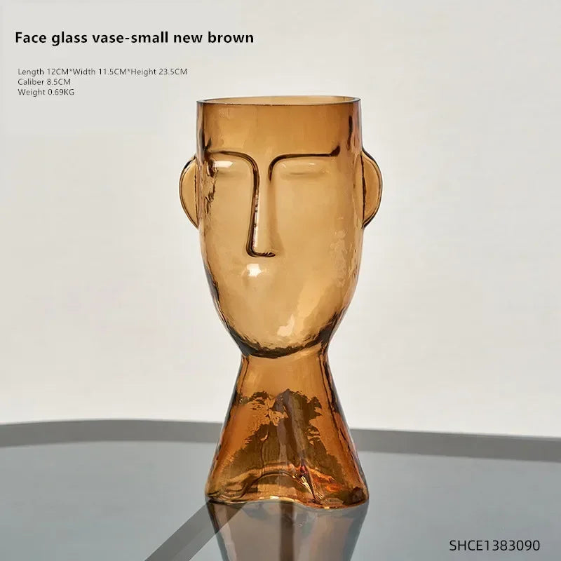 vase verre moderne marron clair visage stylisé minimalisteintérieur décoration plante artificielle