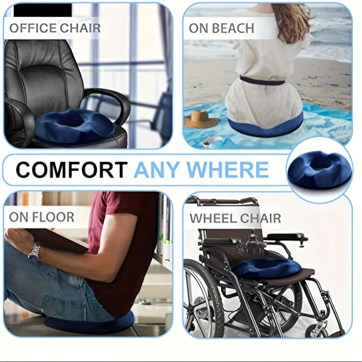 coussin soutien coccygien mousse mémoire forme polyester bleu foncé confortable ergonomique texture douce portable