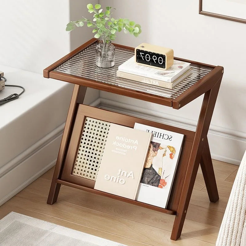 table basse verre transparent moderne table d'appoint bois massif scandinave minimaliste