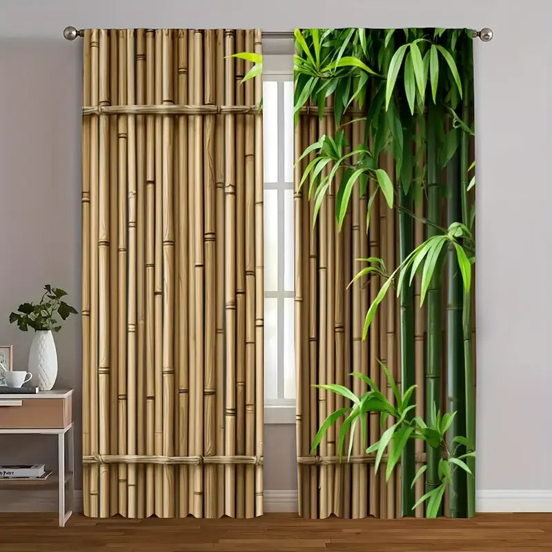 rideau imprimé bambou vert naturel opacité deux pièces fenêtre polyester decoration maison classique rustique