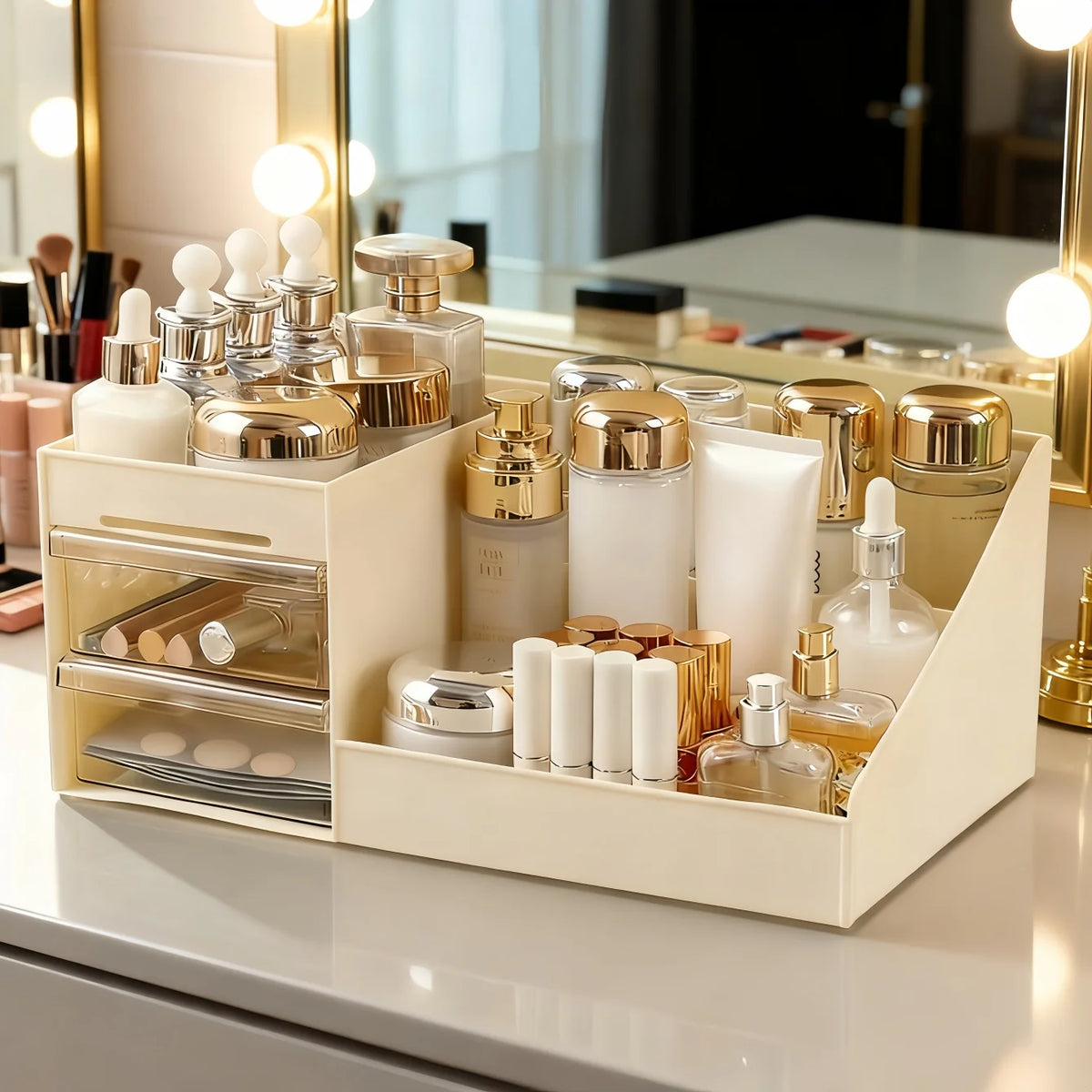 rangement cosmétique moderne boîte blanche élégante compartiments multifonctionnels maquillage crèmes parfums stylos