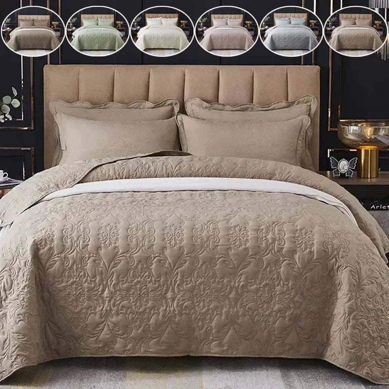 couette ensemble taies oreillers motifs floraux quiltés beige vert rose gris chambre décoration lit