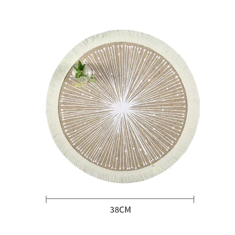 tapis rond boho chic motif floral franges beige clair salon chambre coucher moderne geometrique