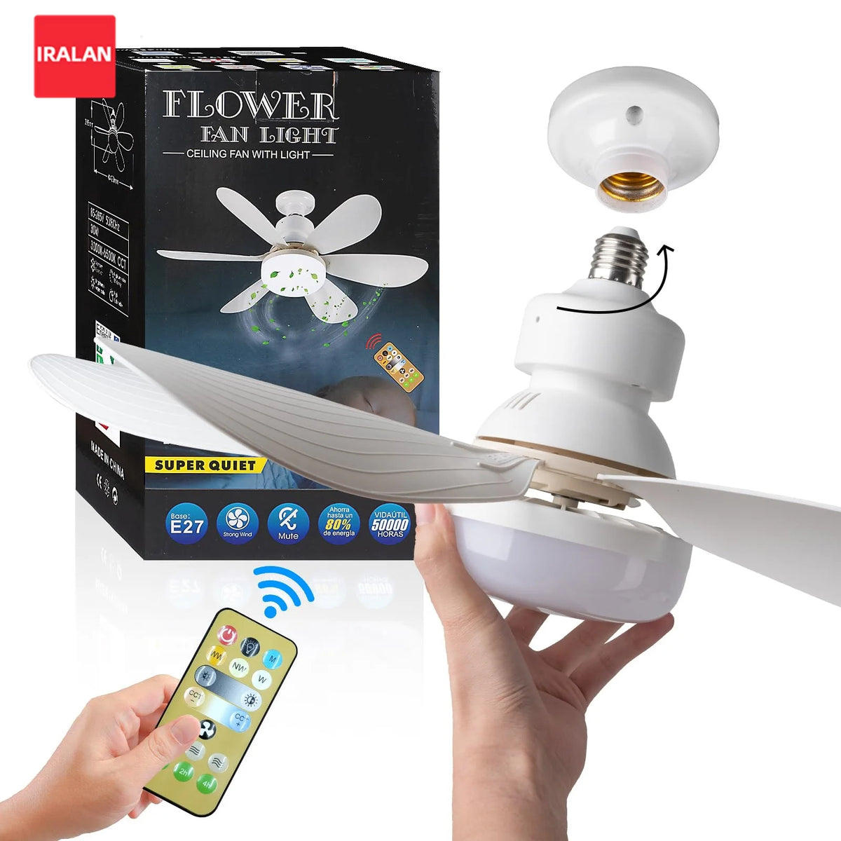 ventilateur lumière led moderne blanc pales motif floral télécommande 52cm