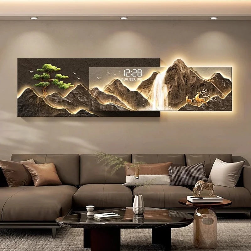 décoration murale lumineuse paysage montagneux cascade horloge digitale animaux moderne zen