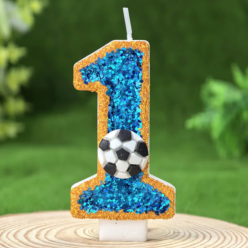 bougies numéraires pailletées thème football anniversaire bleu doré blanc