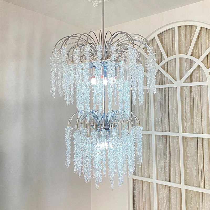 lustre cristal moderne grand salon escalier villa luxe lampe led argenté blanc