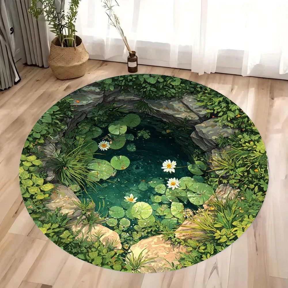 tapis rond paysage aquatique nénuphars carpes koï réaliste moderne salon chambreextérieur