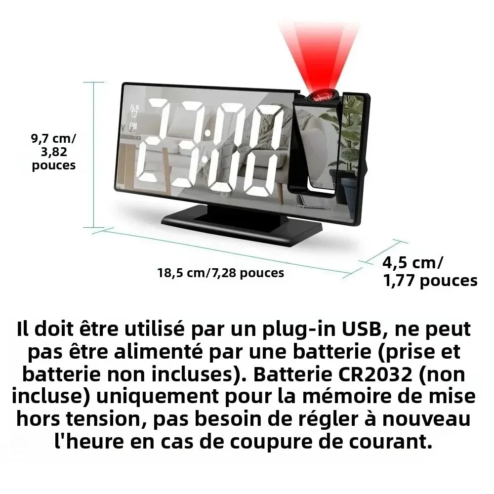 horloge numérique projecteur noir blanc vert lumineuse moderne minimaliste LED USB