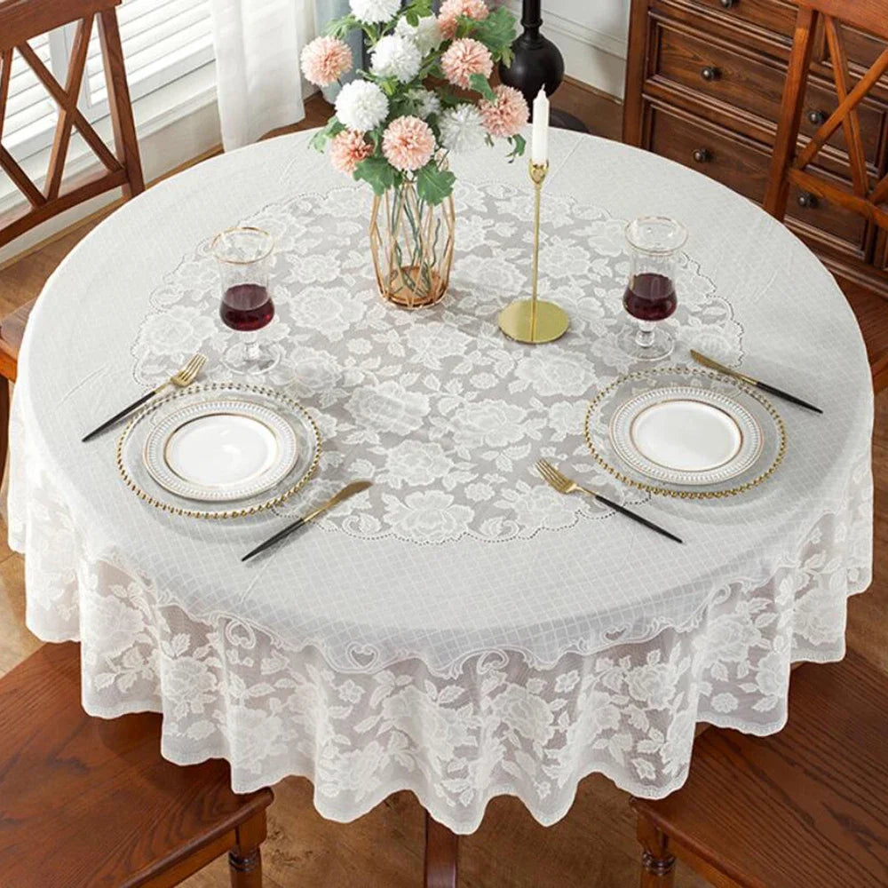 nappe table ronde blanche broderie florale classique imperméable fête mariage décoration maison