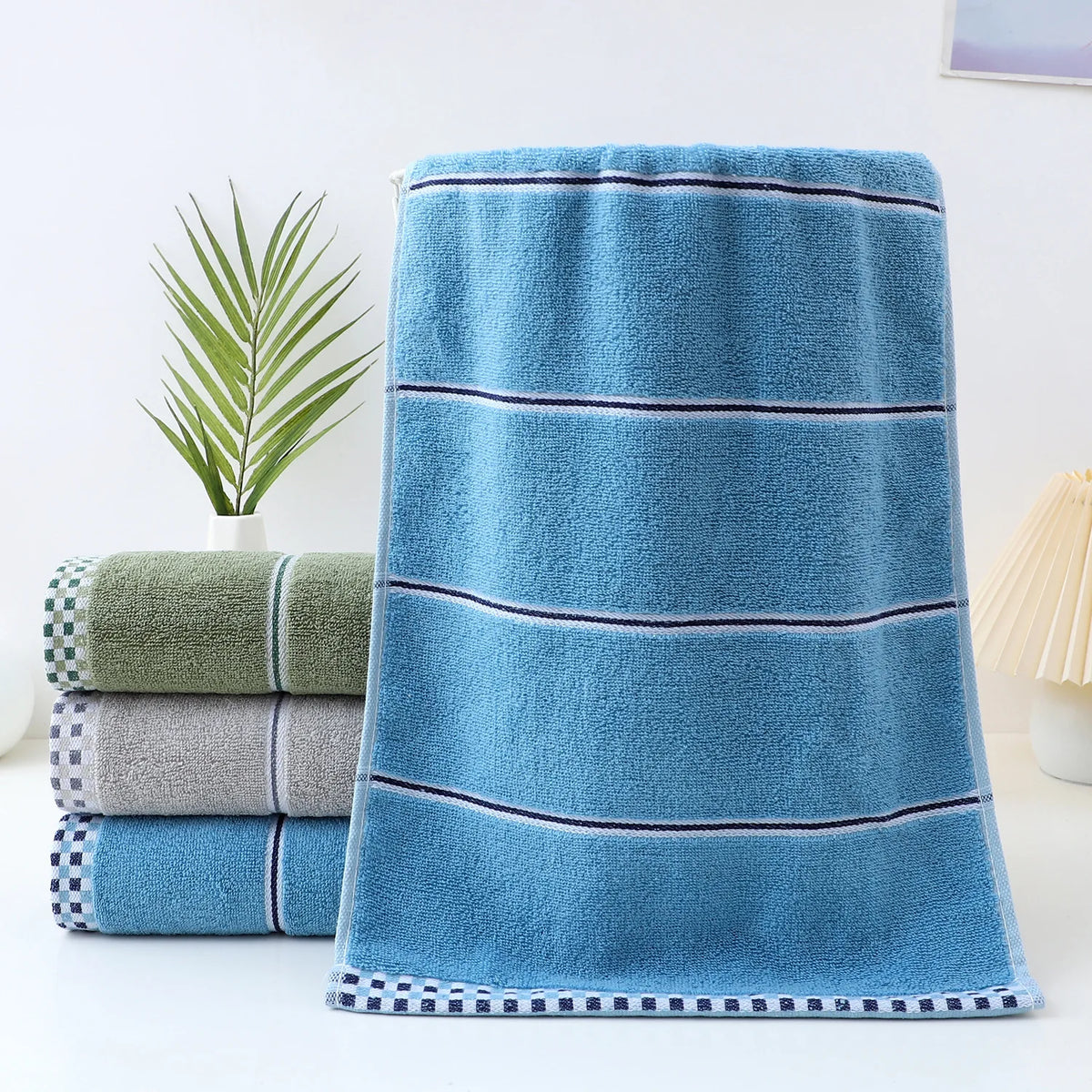 serviettes coton polyester rayures dorées bleu beige marron absorption rapide toilette classique adultes