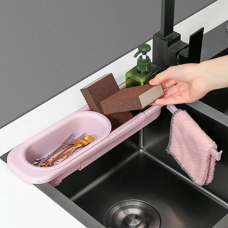 panier drainage rétractable bleu perforé moderne rangement vaisselle gants savon brosse