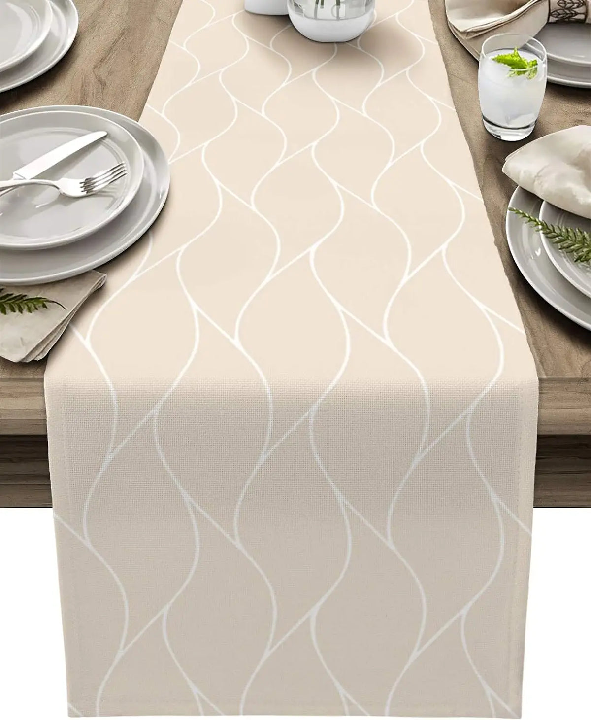 table cheminement lin beige moderne lignes ondulées réutilisable décoration table manger farmhouse