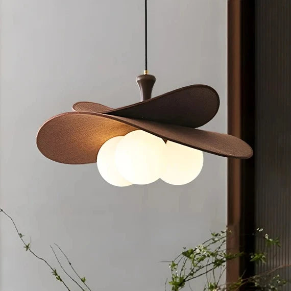 Suspension lumineuse moderne décoration bois abat jour rond globes blancs câble marron doré vintage
