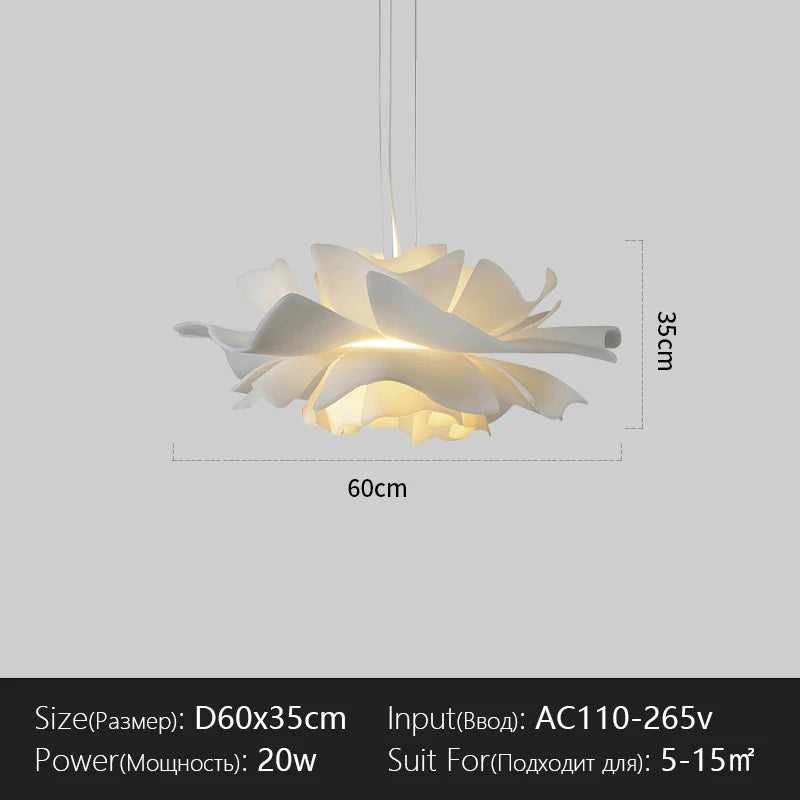 lampe suspendue moderne blanc feuilles ouvertes texture organique salon chambrehôtel