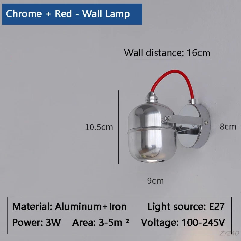 lampe murale moderne argentée led fixée mur vis câble rouge noir lumière chaude