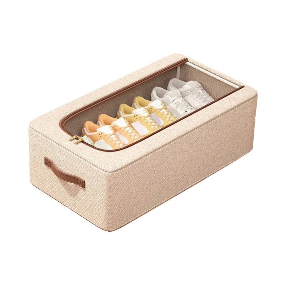 boîte chaussures beige toile transparente moderne poignées cuir rangement sous lit rechargeable articles divers