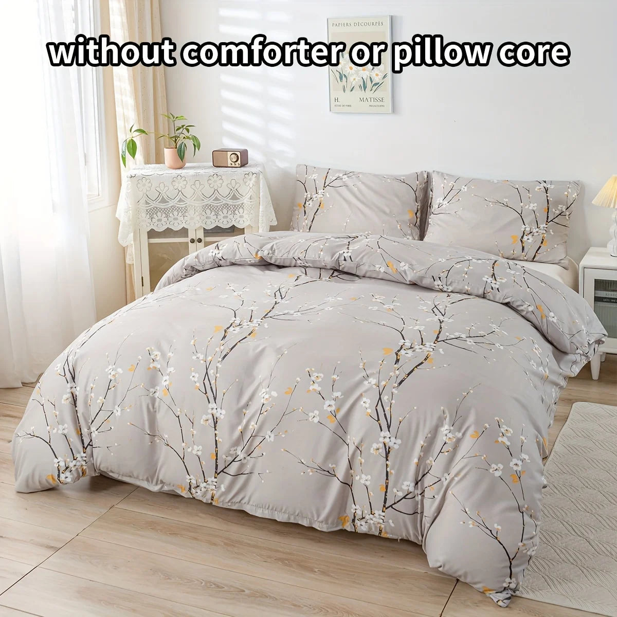 ensemble literie moderne fleurs blanches rose pâle vert clair blanc gris clair twin full
