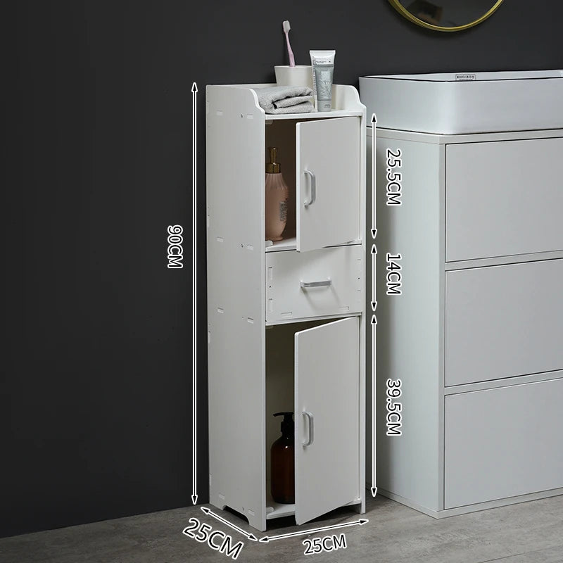 meuble rangement salle bain blanc moderne tiroir déchets étagères étroites