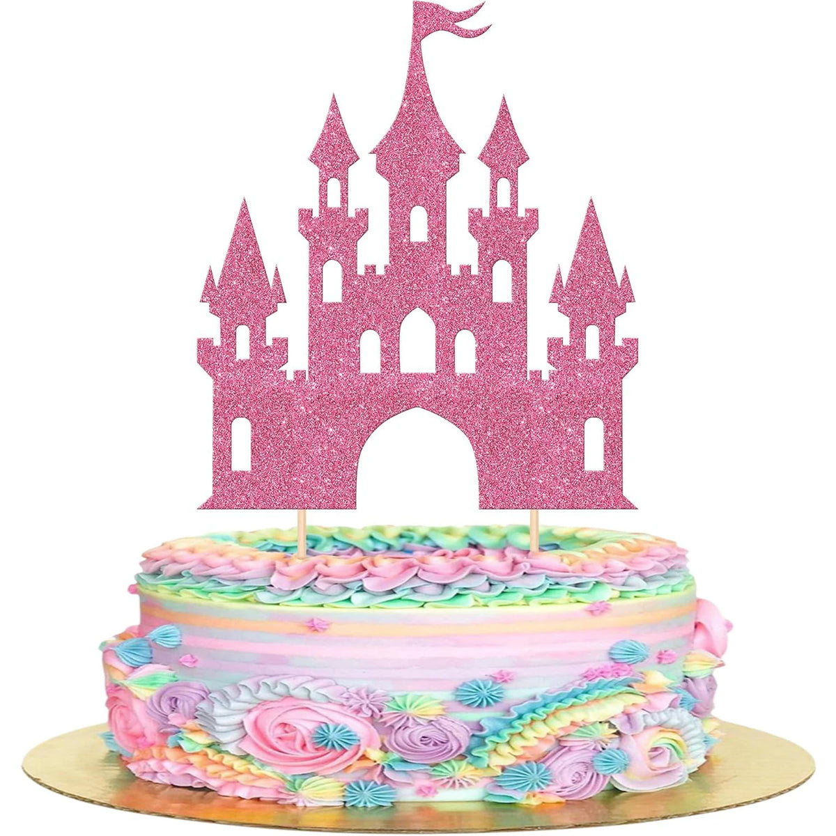 décoration gâteau château glitter princesse doré bleu rose anniversaire fête piquettes bambou