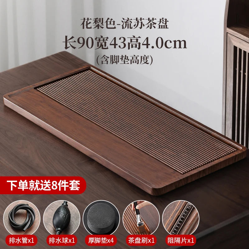 plateau thé bois bambou moderne lignes verticales marron foncé tasses théière salon chambre