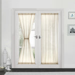 rideaux porte blanc cassé semi transparent texture lin rustique deux panneaux ceinture assortie