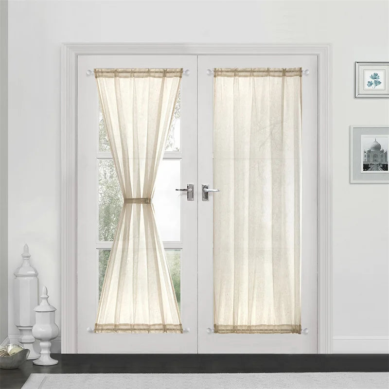 rideaux porte blanc cassé semi transparent texture lin rustique deux panneaux ceinture assortie