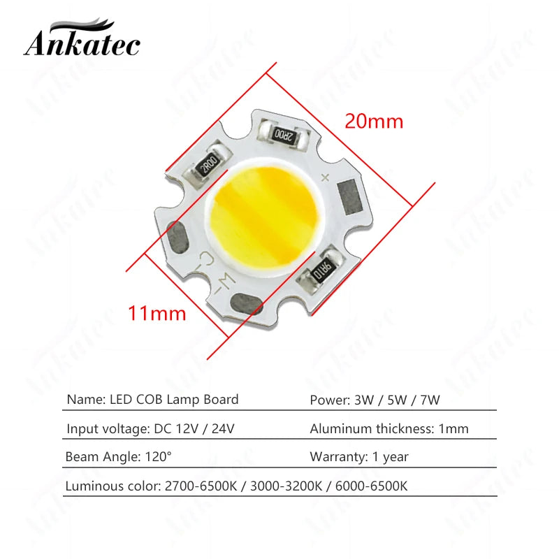 plaque led cob 3w 5w 7w 12v 24v blanc chaud alu rond moderne downlight