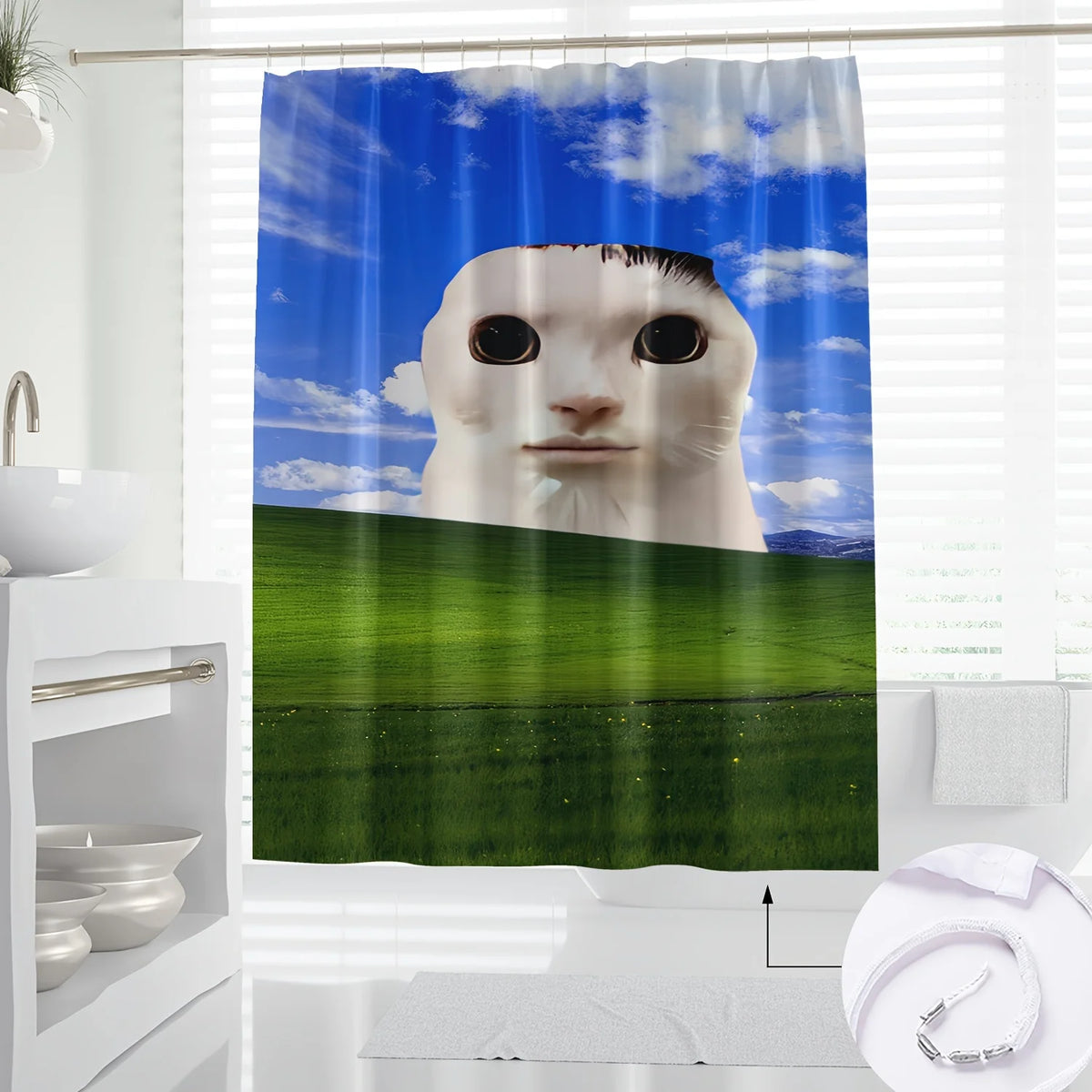 rideau douche polyester paysage ciel bleu nuages prairie moderne visage humain opacité 180x180cm machine
