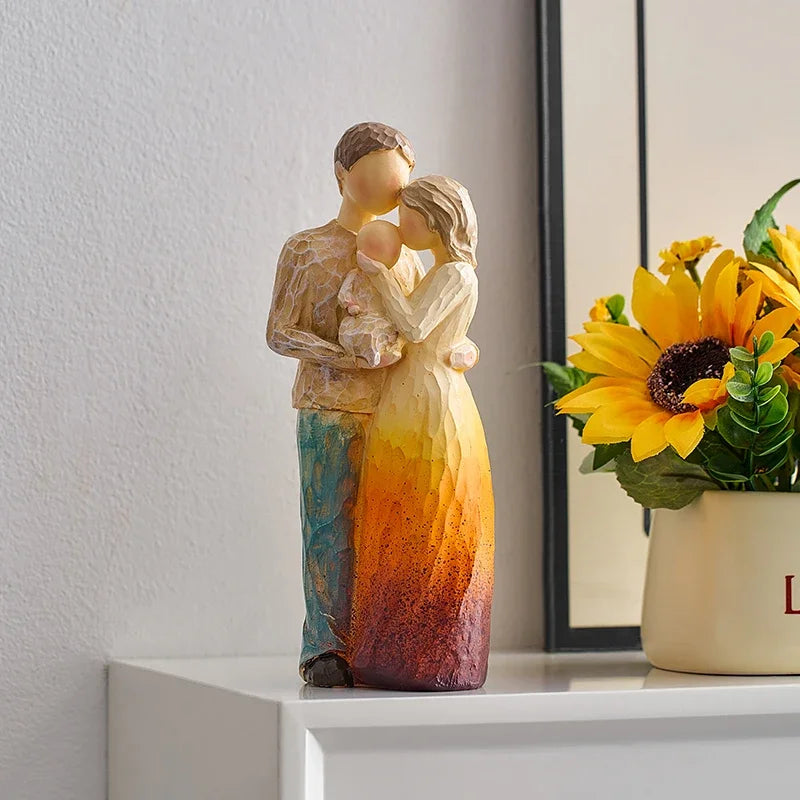 figurines decoratives abstraites famille couple emotions texturées bois sculpté couleurs vases tournesols