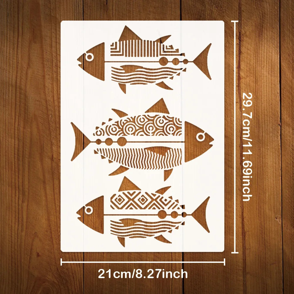 Stencil géométrique poisson ondule blanc brun noir ornement décoration peinture murale artisanale