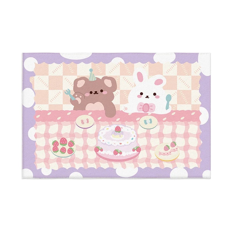 Une image apaisante montrant des personnages mignons sur un fond pastel à carreaux, avec gâteaux et autres douceurs.