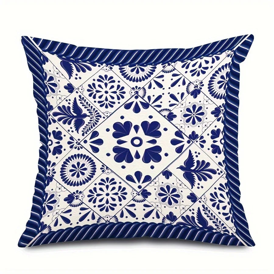 housse coussin imprimé géométrique floral bleu marine blanc traditionnelle 45x45cm