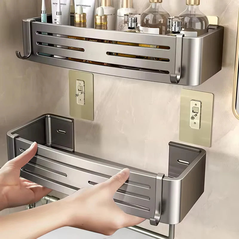 étagère salle bain adhésive aluminium gris moderne rangement brillant grilles crochets central