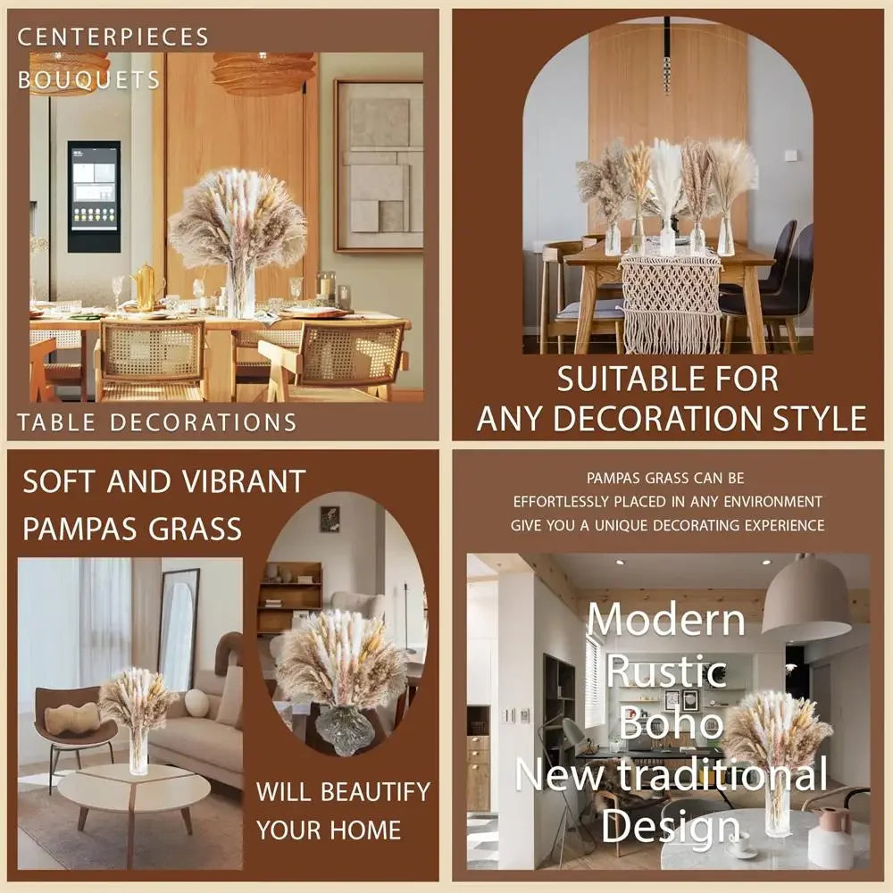 bouquet pampas séchés boho décoration intérieure beige crème marron clair fibres fines ruban vase