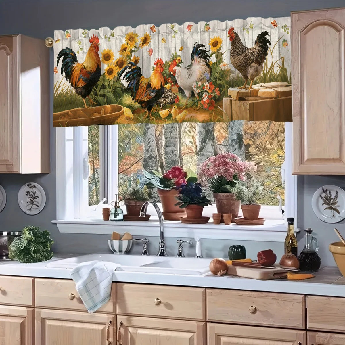 rideau fenêtre multicolore coq tournesol décoratif paysagerintérieur 140x45cm polyester