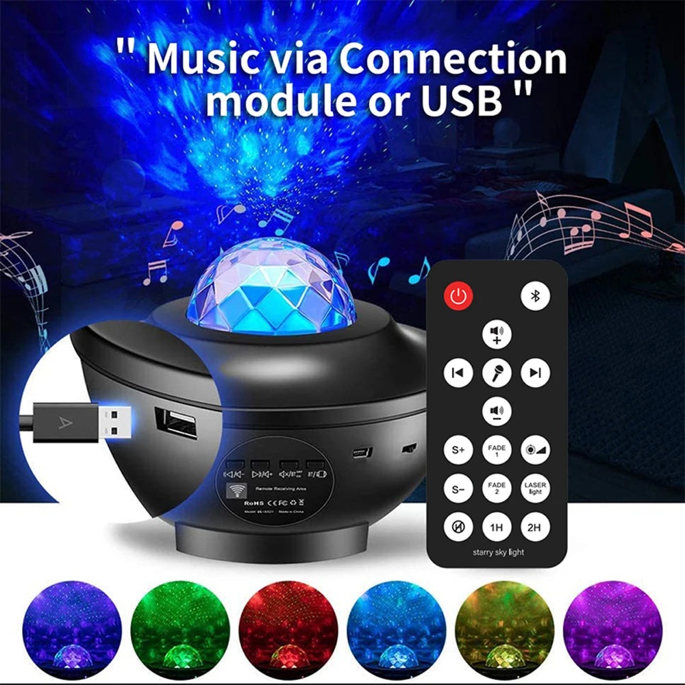 projecteur d'étoiles bluetooth télécommande veilleuse led nuit ambiance chambre transparent moderne